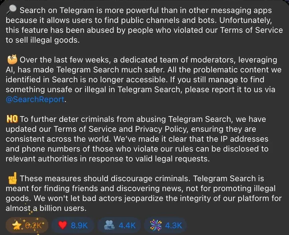 进一步解释：Telegram 扩大了向当局披露用户 IP 地址与电话号码的情形